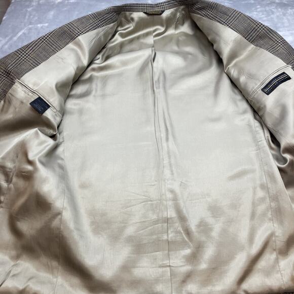 Allyn Saint George 100% Silk Blazer Jacket Mens 42R Tan Black Houndstooth Plaid - Picture 8 of 15